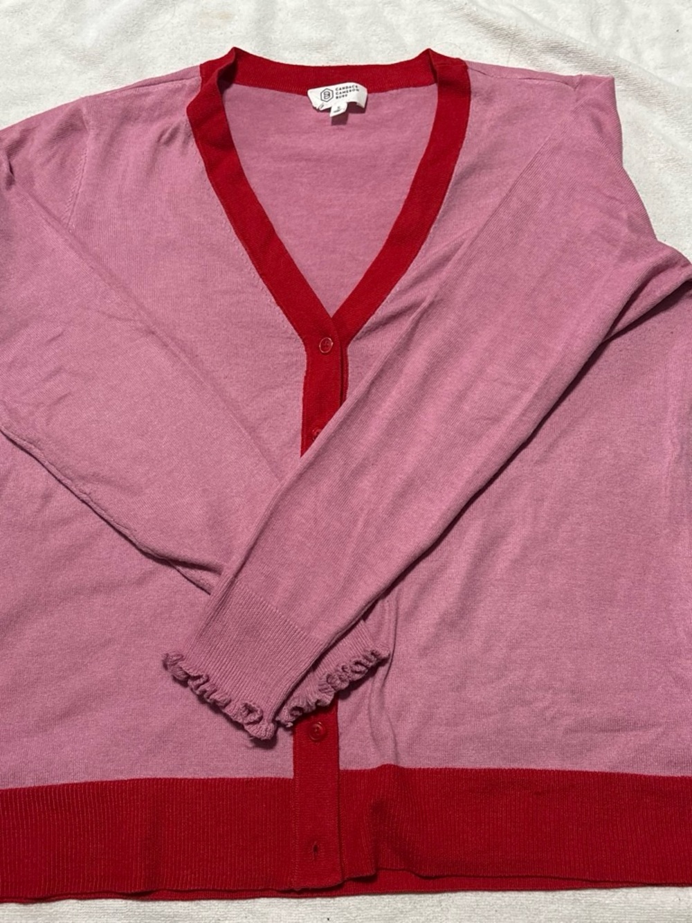 Candace Cameron Bure Pink Cardigan with Red Trim